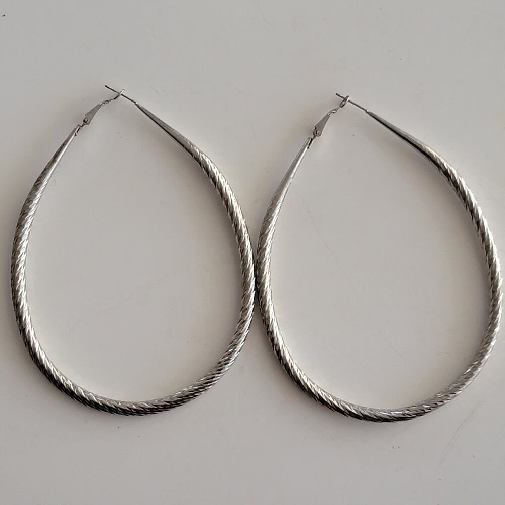Vintage Earrings Silver Tone Textured Hoop Statement Earrings